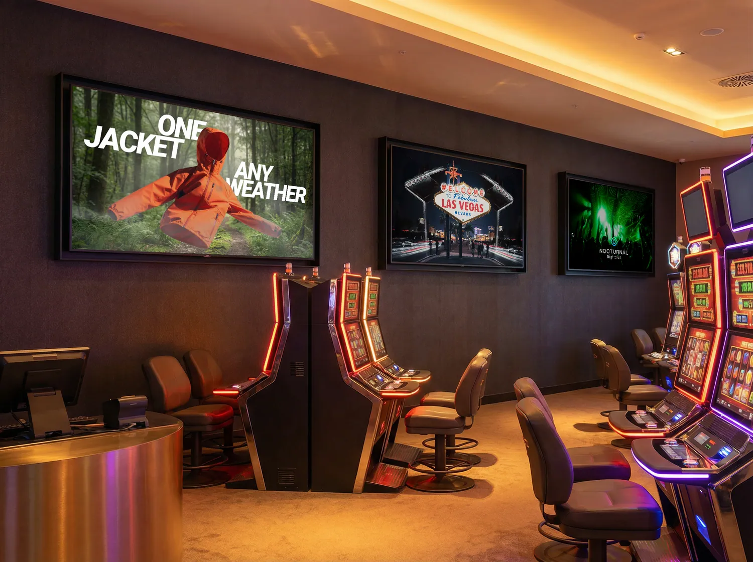 Digital ads running on screens across a casino gaming floor